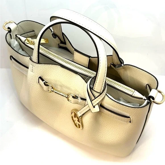 Michael Kors Small Carson Pebbled Leather Satchel Bag Light Cream